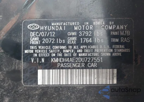 2013 Hyundai Elantra Limited из США, поврежденный, VIN KMHDH4AE2DU727551